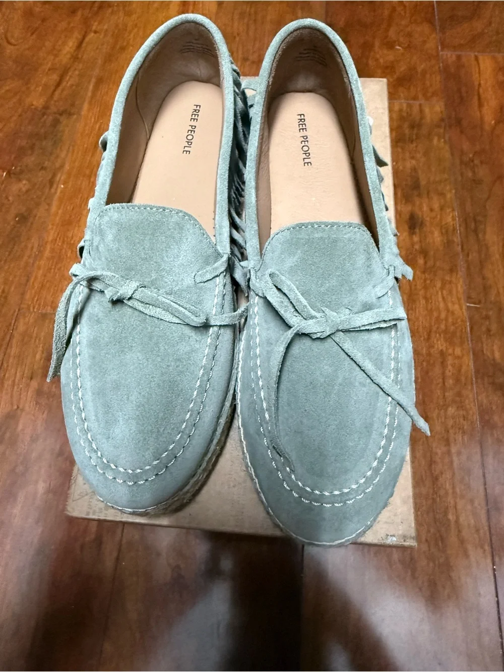 Free People Fringe Suede Moccasin Loafers - Sage Green